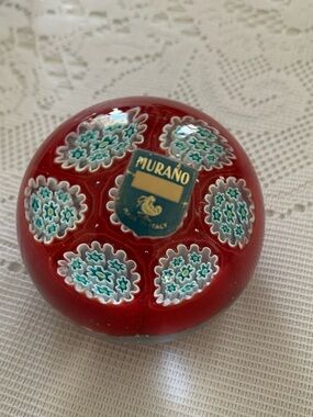 New Murano Red Glass Millefiori Paperweight with Turquoise Floral Canes